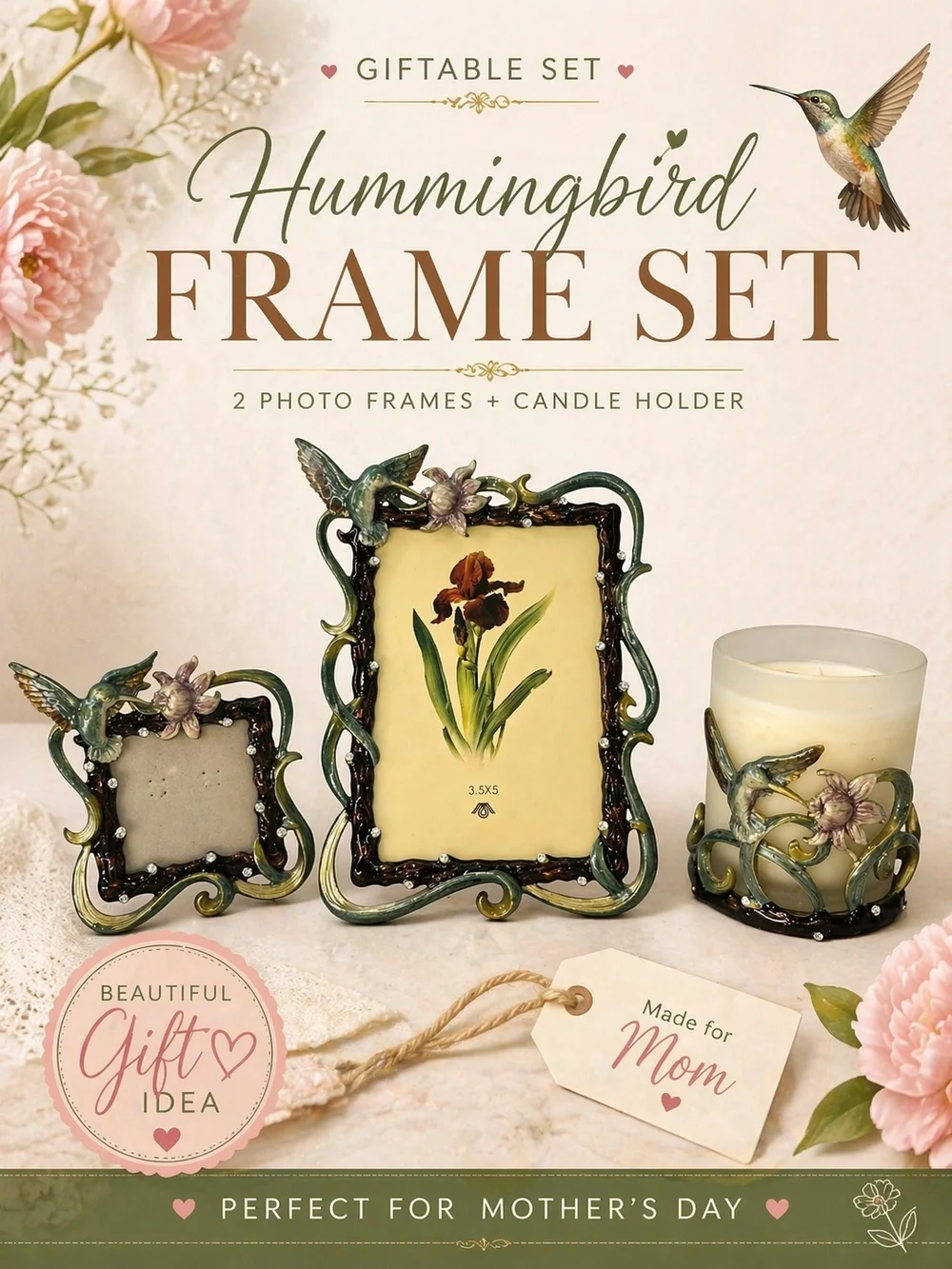 Hummingbird Floral Photo Frame Candle Set Rhinestone Gift Decor